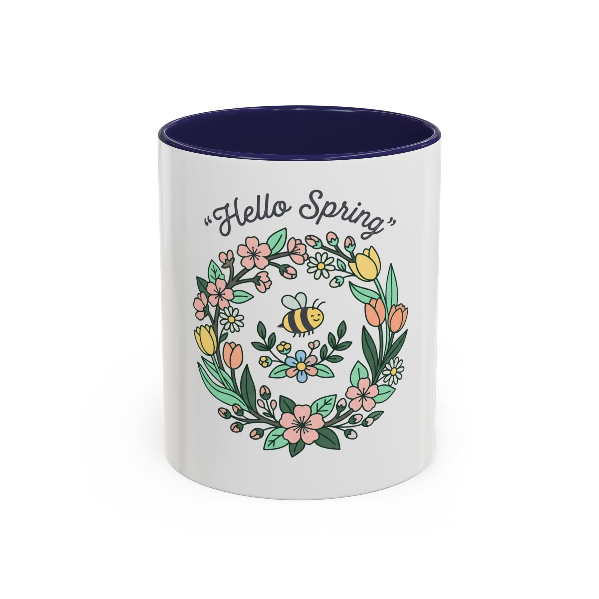 Hello Spring Floral Coffee Mug — Bee & Wreath Accent Mug (11/15oz)