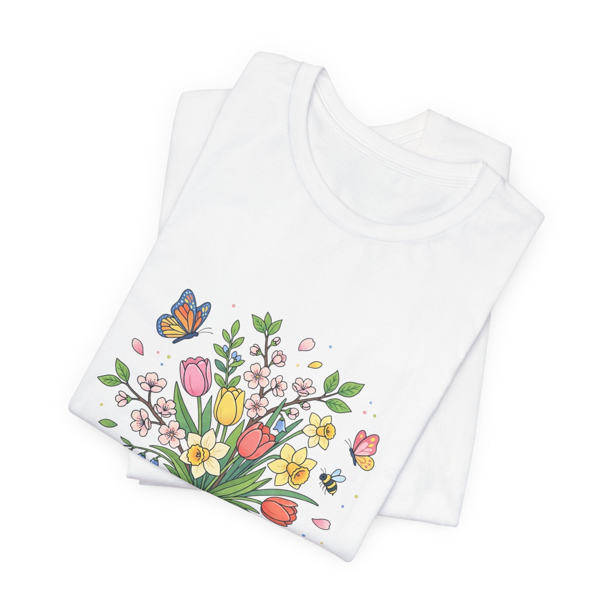 Spring Bouquet T-Shirt — Floral Tulip & Butterfly Tee