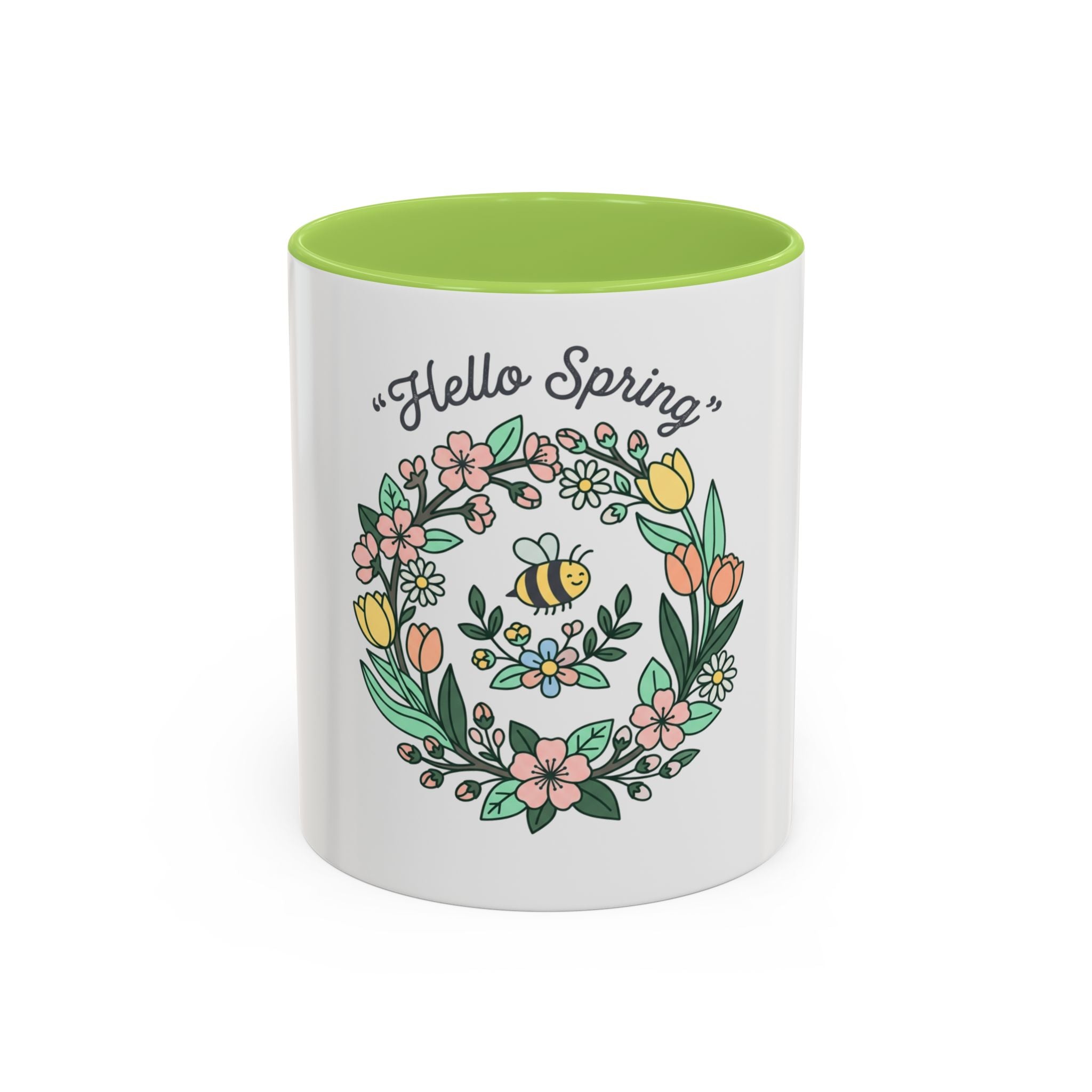 Hello Spring Floral Coffee Mug — Bee & Wreath Accent Mug (11/15oz)