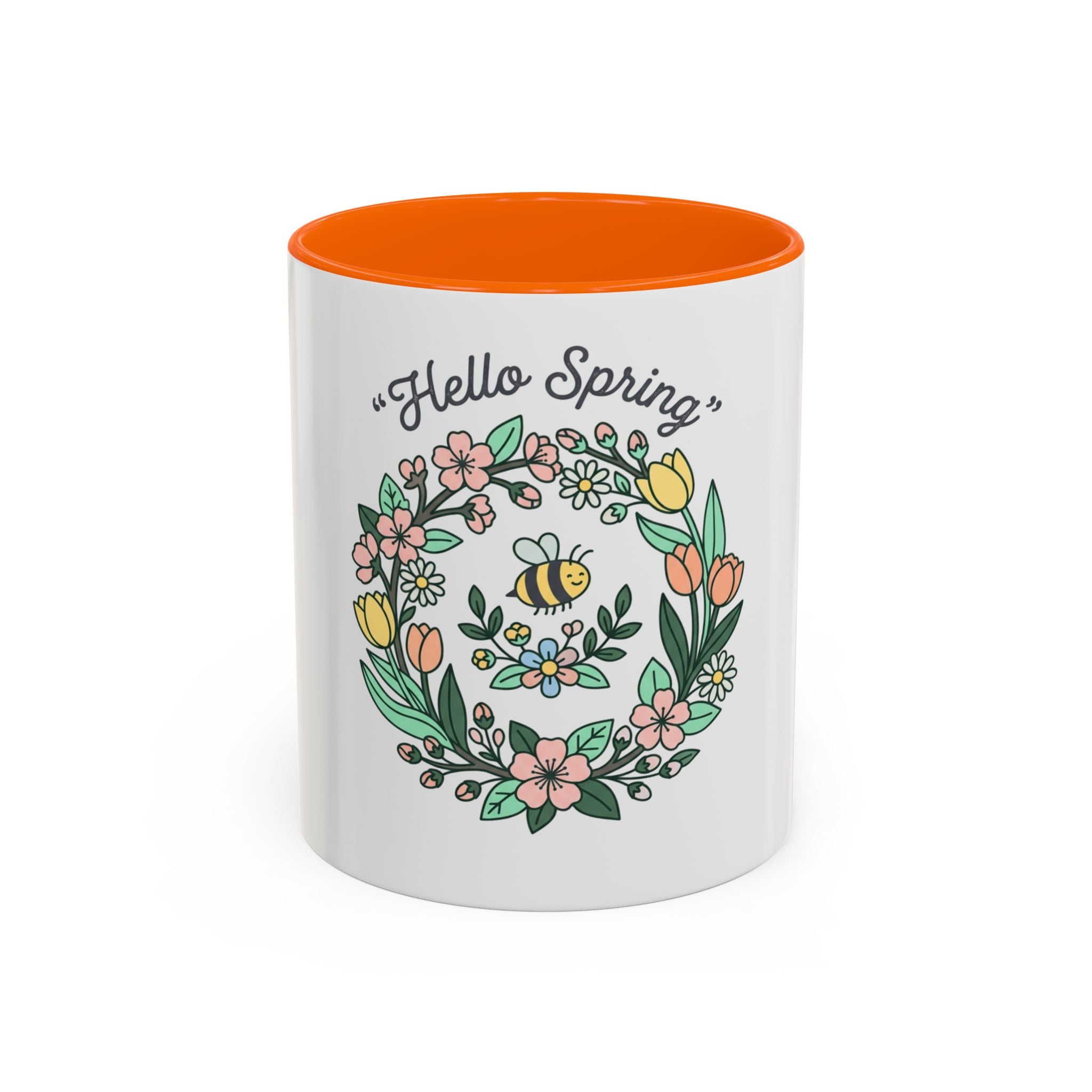 Hello Spring Floral Coffee Mug — Bee & Wreath Accent Mug (11/15oz)