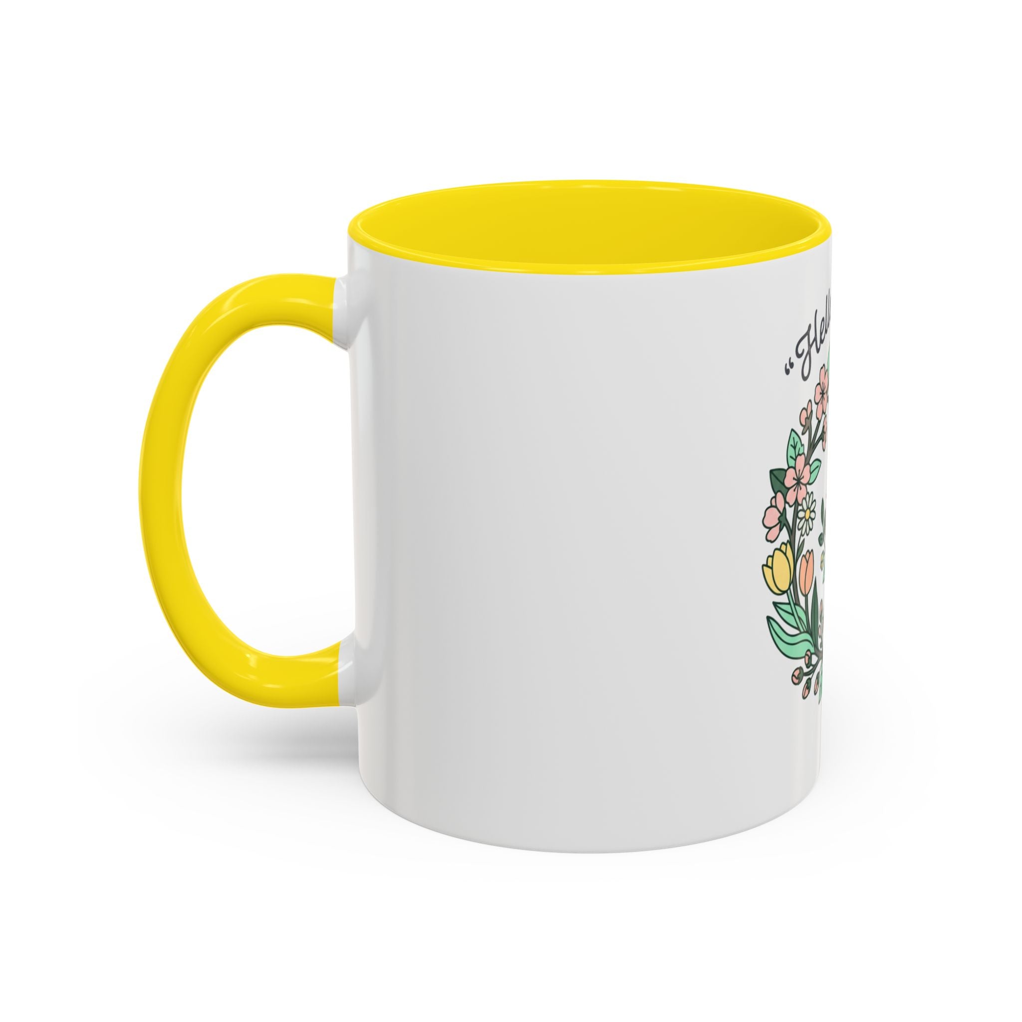 Hello Spring Floral Coffee Mug — Bee & Wreath Accent Mug (11/15oz)