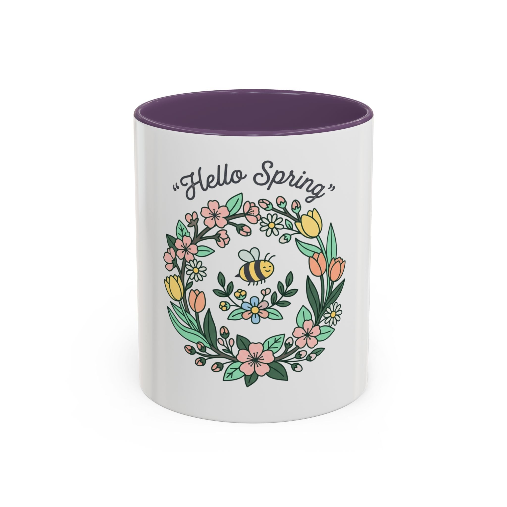 Hello Spring Floral Coffee Mug — Bee & Wreath Accent Mug (11/15oz)
