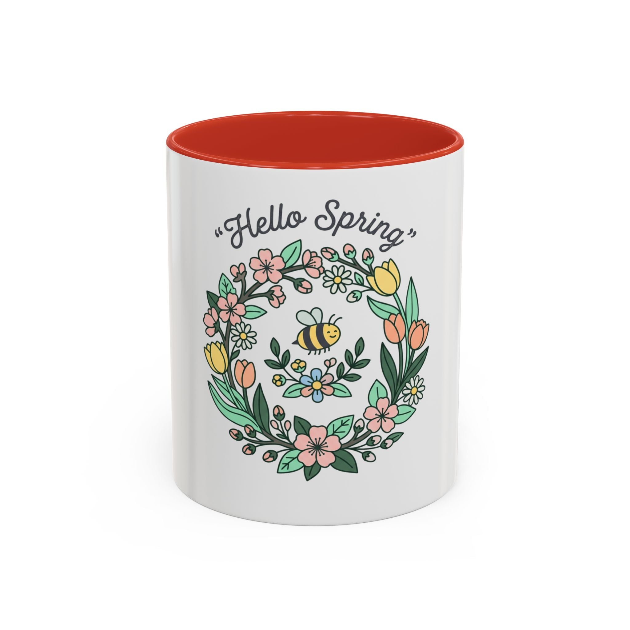Hello Spring Floral Coffee Mug — Bee & Wreath Accent Mug (11/15oz)