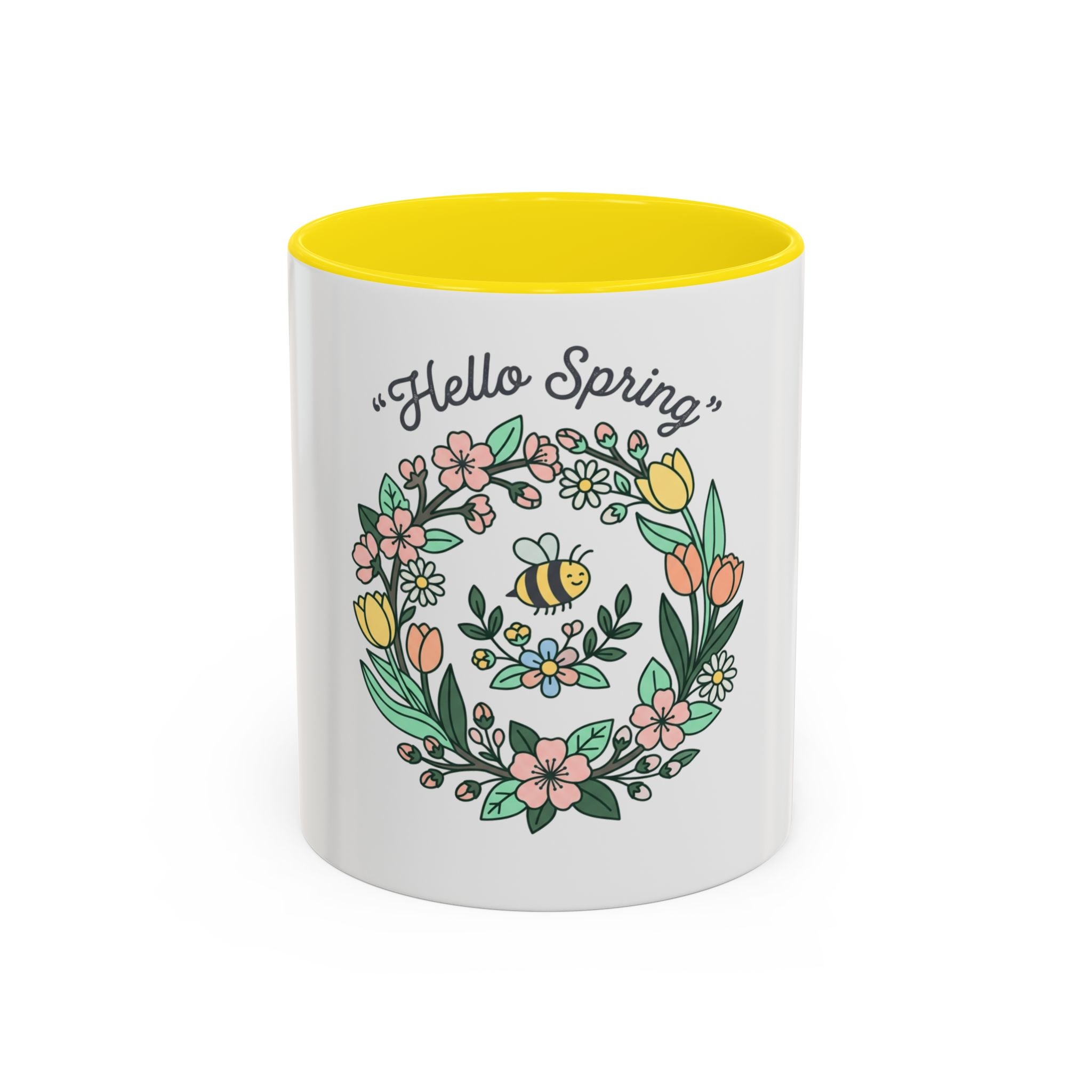 Hello Spring Floral Coffee Mug — Bee & Wreath Accent Mug (11/15oz)