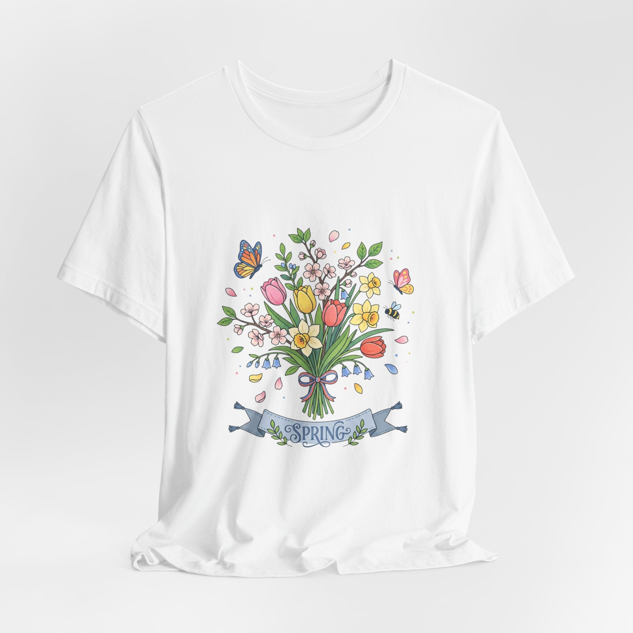 Spring Bouquet T-Shirt — Floral Tulip & Butterfly Tee