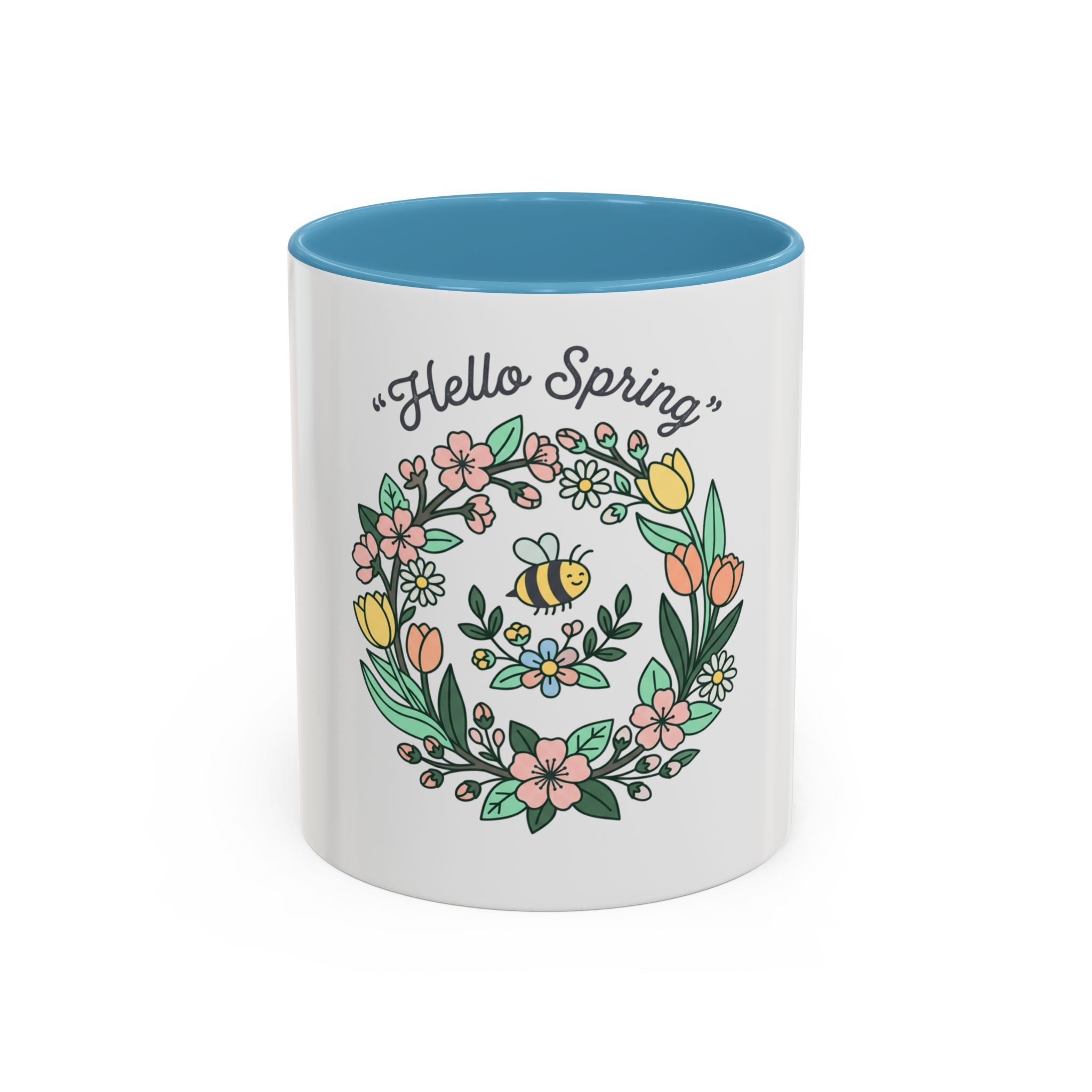Hello Spring Floral Coffee Mug — Bee & Wreath Accent Mug (11/15oz)