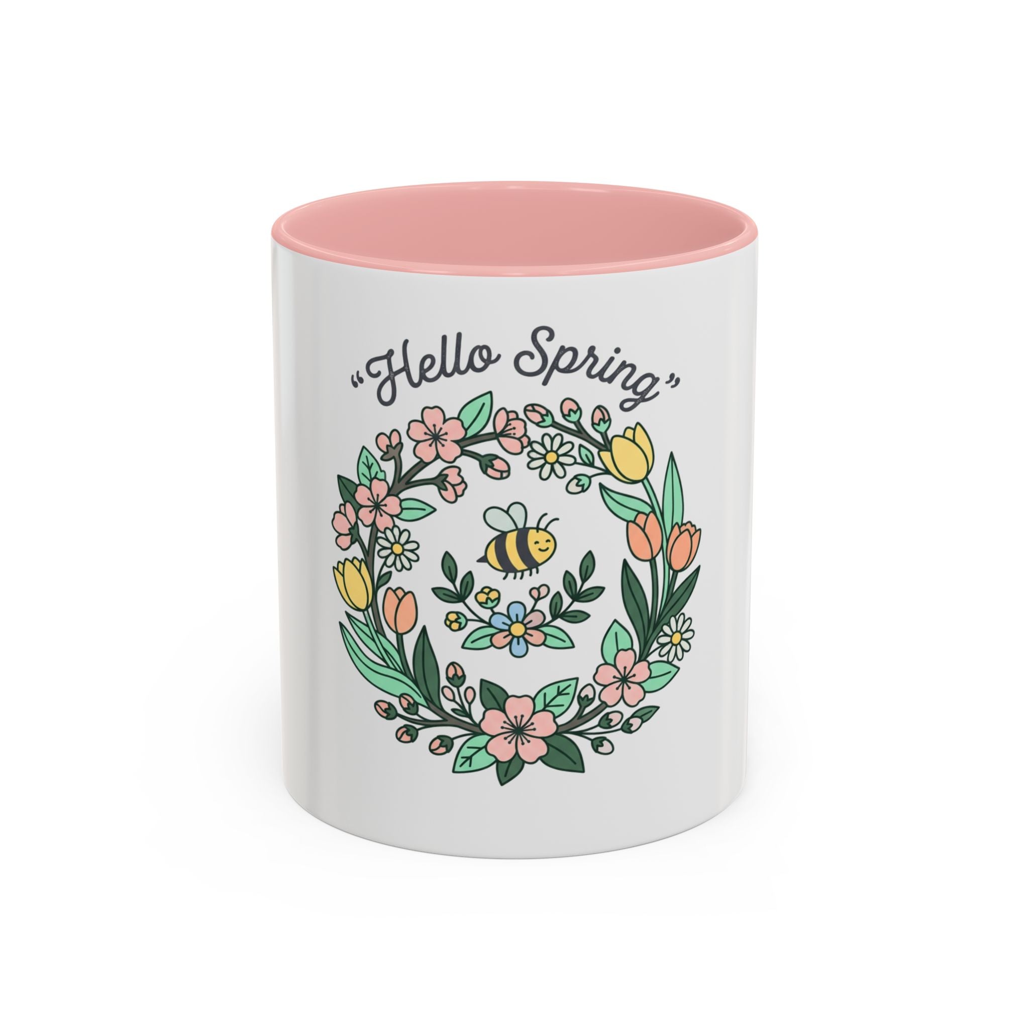 Hello Spring Floral Coffee Mug — Bee & Wreath Accent Mug (11/15oz)