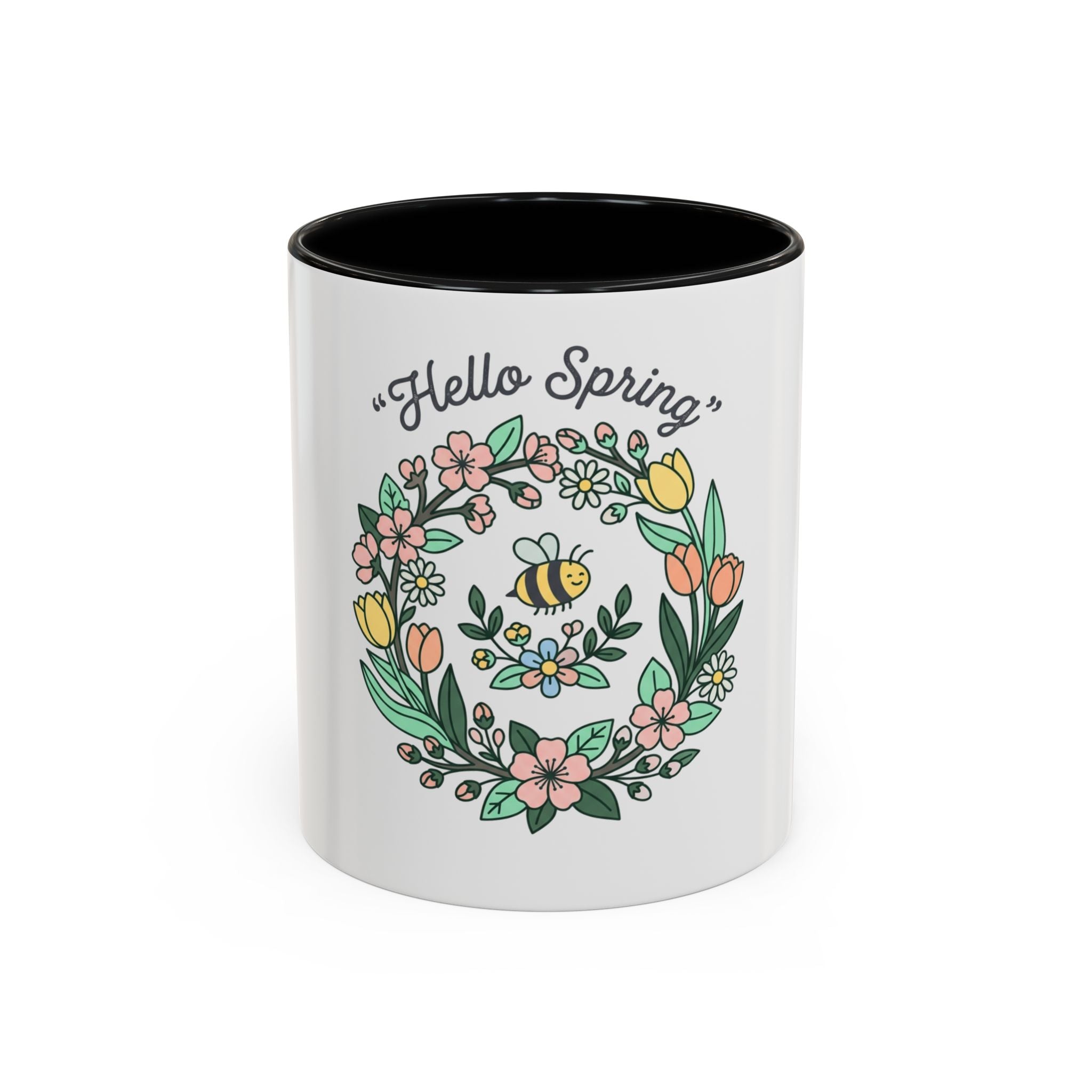 Hello Spring Floral Coffee Mug — Bee & Wreath Accent Mug (11/15oz)