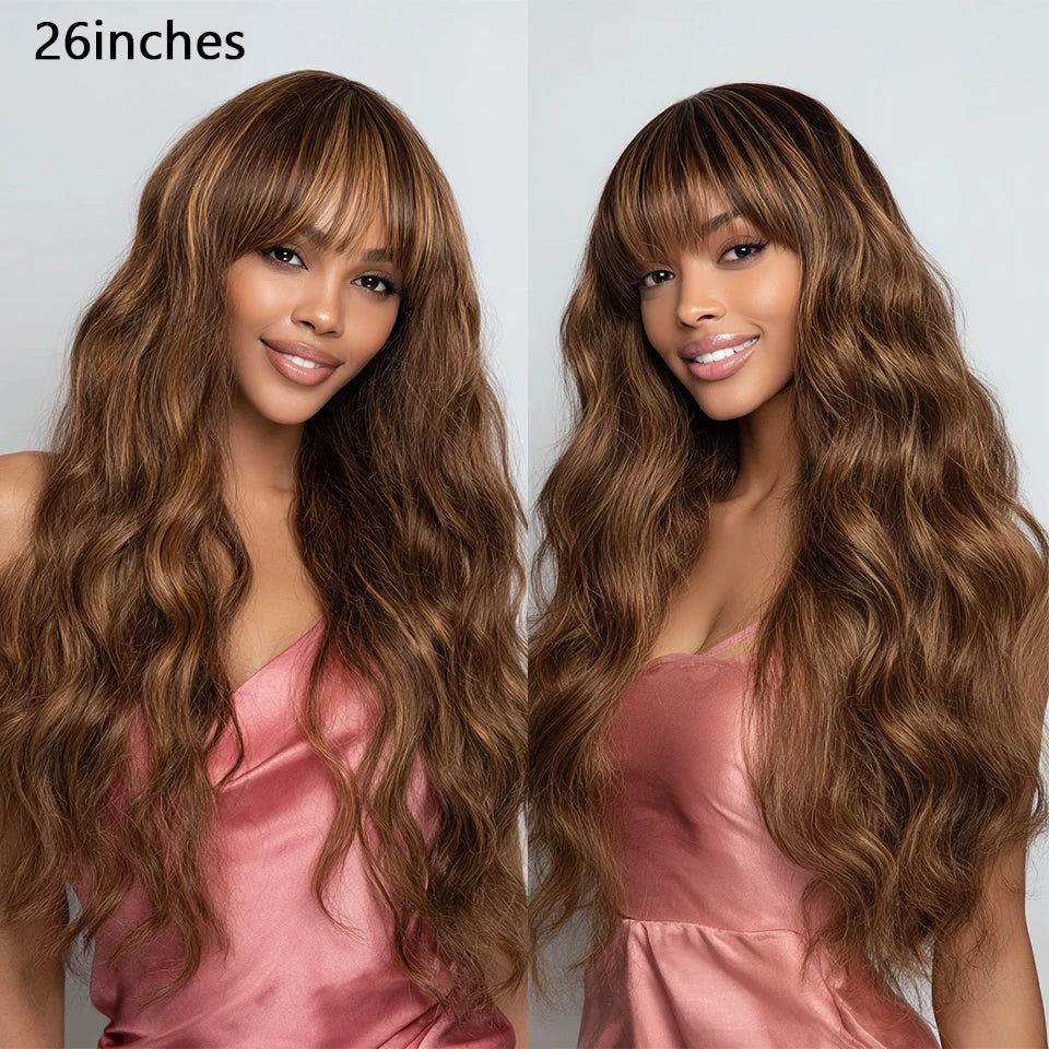 Highlight Brown Body Wave Bangs Wig Human Hair Wigs 180% Density Brazilian Virgin Human Hair Glueless Wear And Go Body Wave Wigs