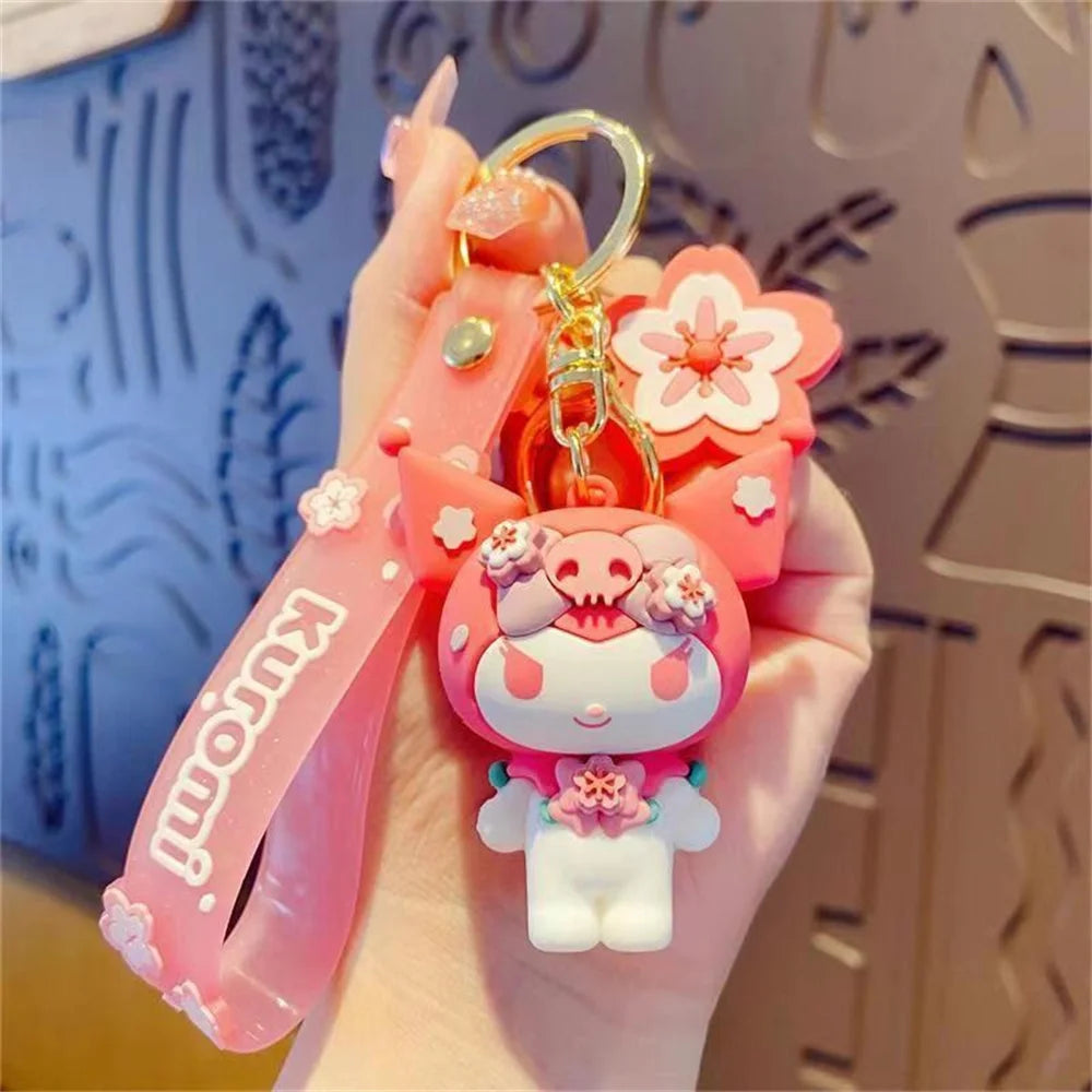 Sanrio Keychain Cinnamoroll Hello Kitty Keychains Kawaii Kuromi Melody Pendant Keyring Cute Girls Pompom Purin Key Chain Gifts