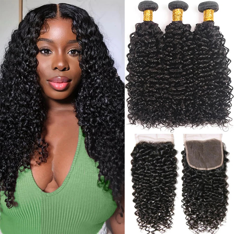 15A Brazilian Virgin Human Hair Kinky Curly Bundles With Frontal Ocean Water Wave Bundles With Frontal Bundles With Lace Closure