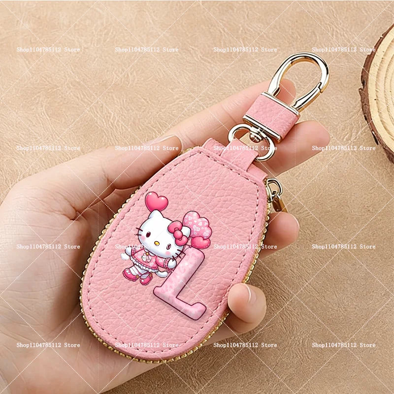 Hello Kitty PU Leather Key Case for Car Key Wallet Pocket Holder Organizer Pouch Kawaii Letter A-Z Large Capacity