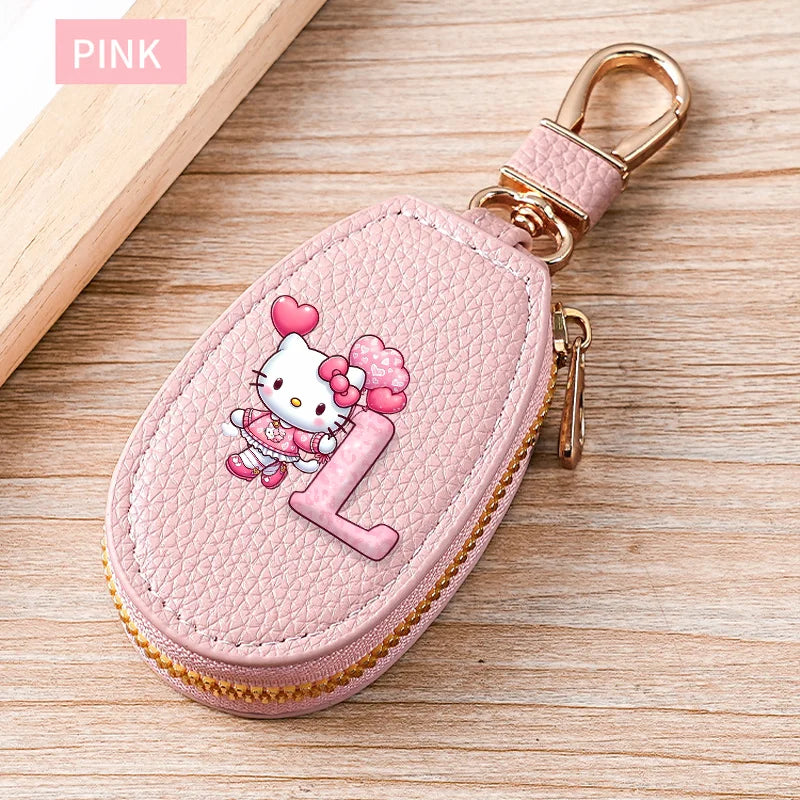 Hello Kitty PU Leather Key Case for Car Key Wallet Pocket Holder Organizer Pouch Kawaii Letter A-Z Large Capacity
