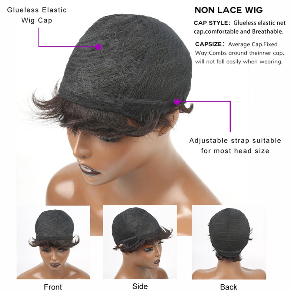 Short Human Hair Wigs Pixie Cut Straight perruque Brazilian Virgin for Black Women Machine Made Wigs With Bangs Cheap Glueless W