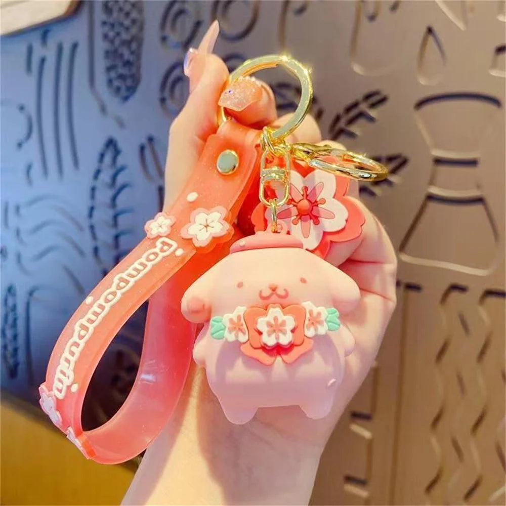 Sanrio Keychain Cinnamoroll Hello Kitty Keychains Kawaii Kuromi Melody Pendant Keyring Cute Girls Pompom Purin Key Chain Gifts