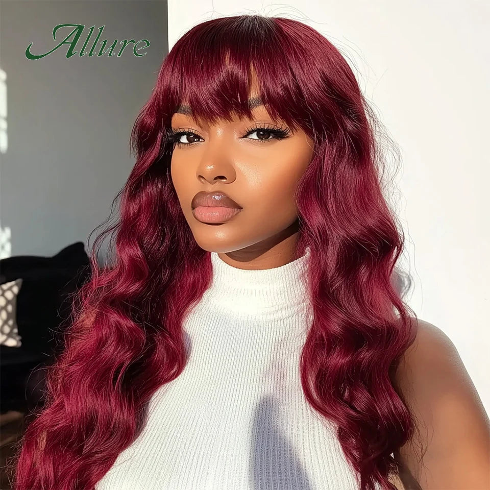 Highlight Brown Body Wave Bangs Wig Human Hair Wigs 180% Density Brazilian Virgin Human Hair Glueless Wear And Go Body Wave Wigs