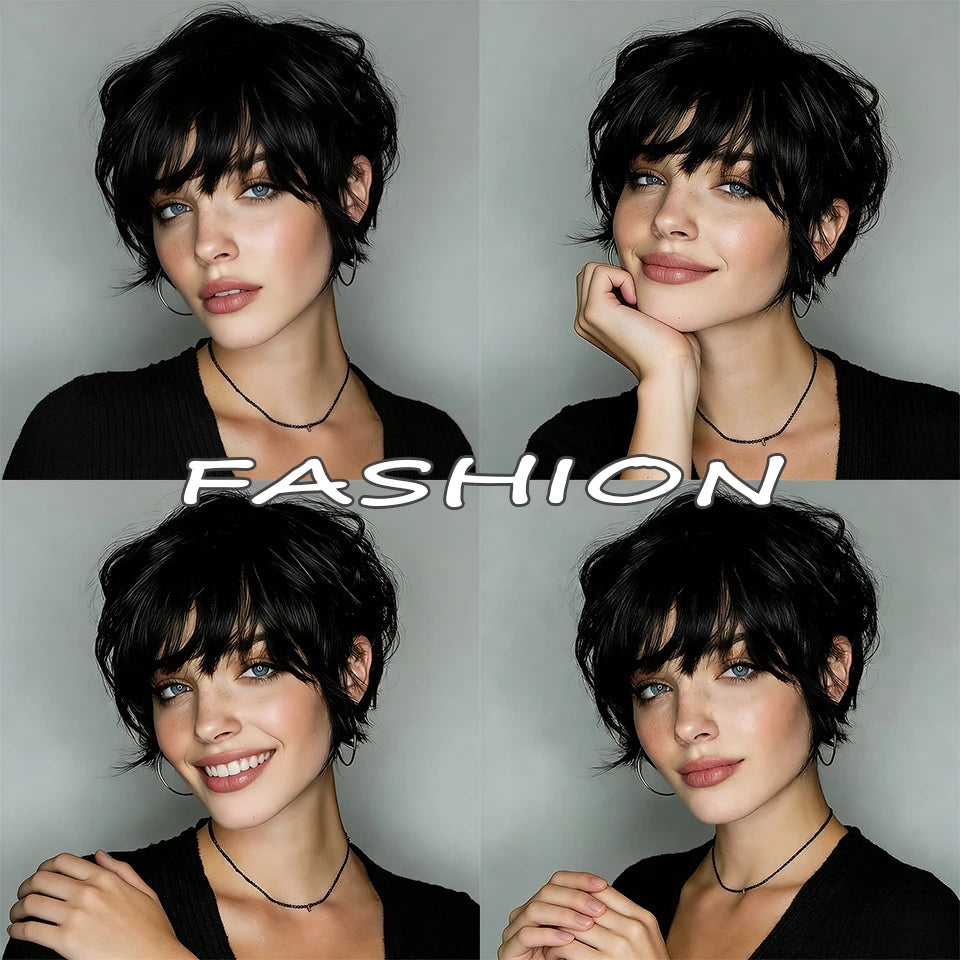 Women'S Brazilian Virgin Human Hair Wig Short Straight Pixie Cut Wigs with Layered Bangs Full Machine Made Rose Mesh Cap Wigs
