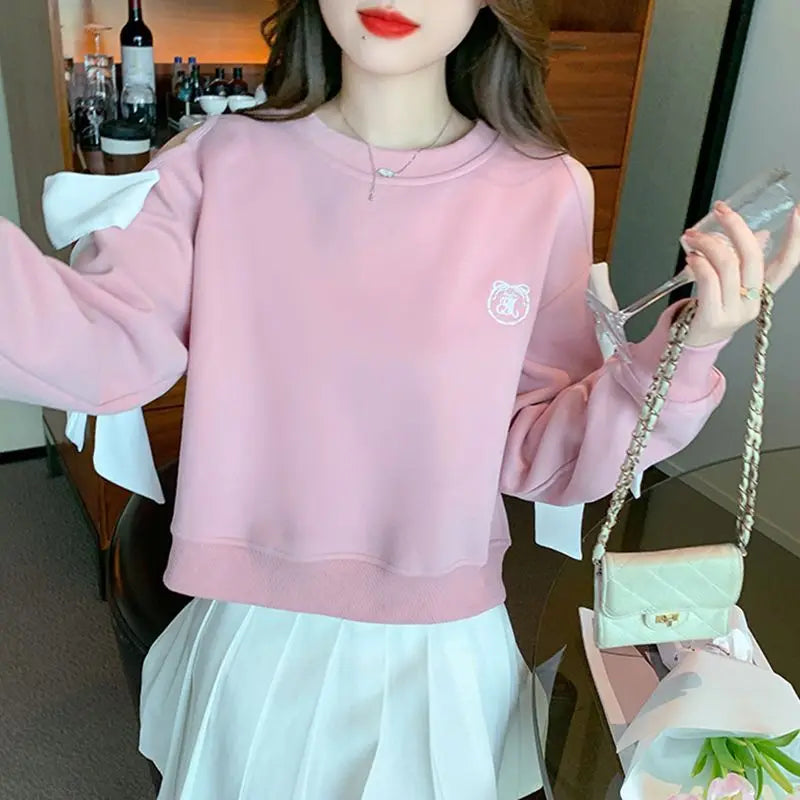 Off The Shoulder Sweatshirt For Women Harajuku Fashion Youthful Clothes Sport Essential New In Basic Blue Woman Pullover Tops