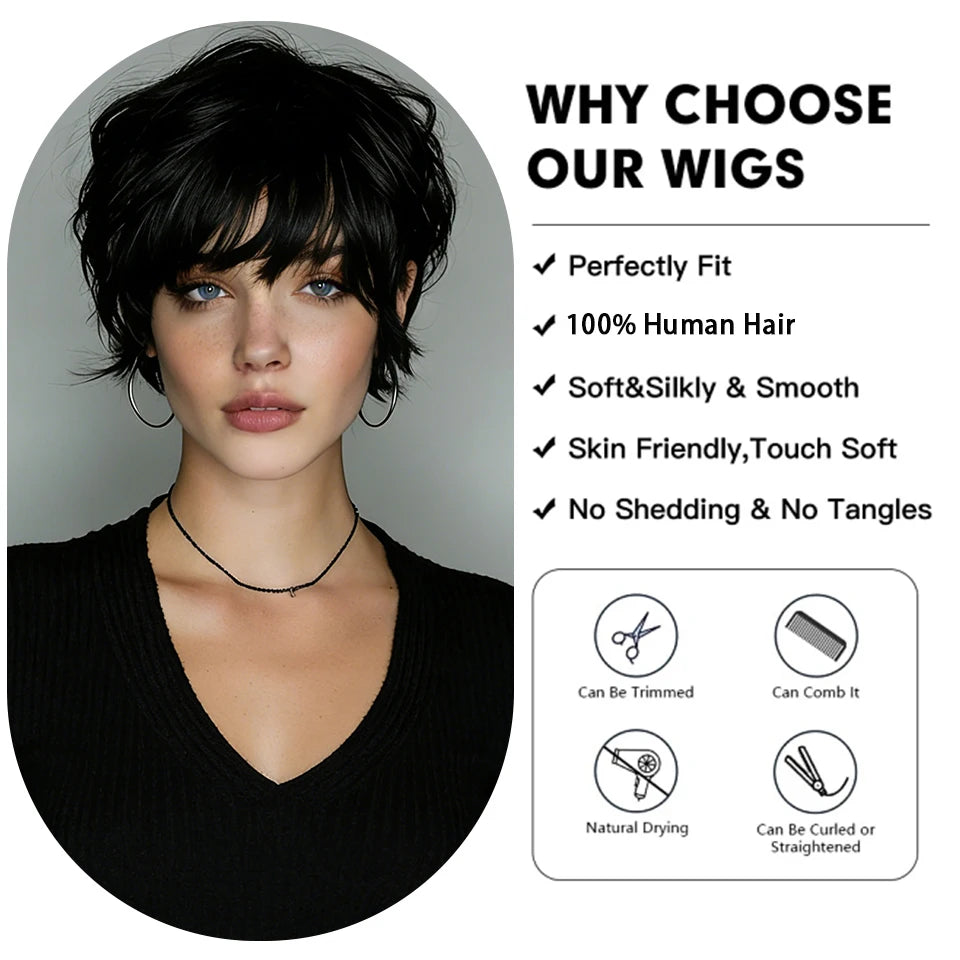 Women'S Brazilian Virgin Human Hair Wig Short Straight Pixie Cut Wigs with Layered Bangs Full Machine Made Rose Mesh Cap Wigs