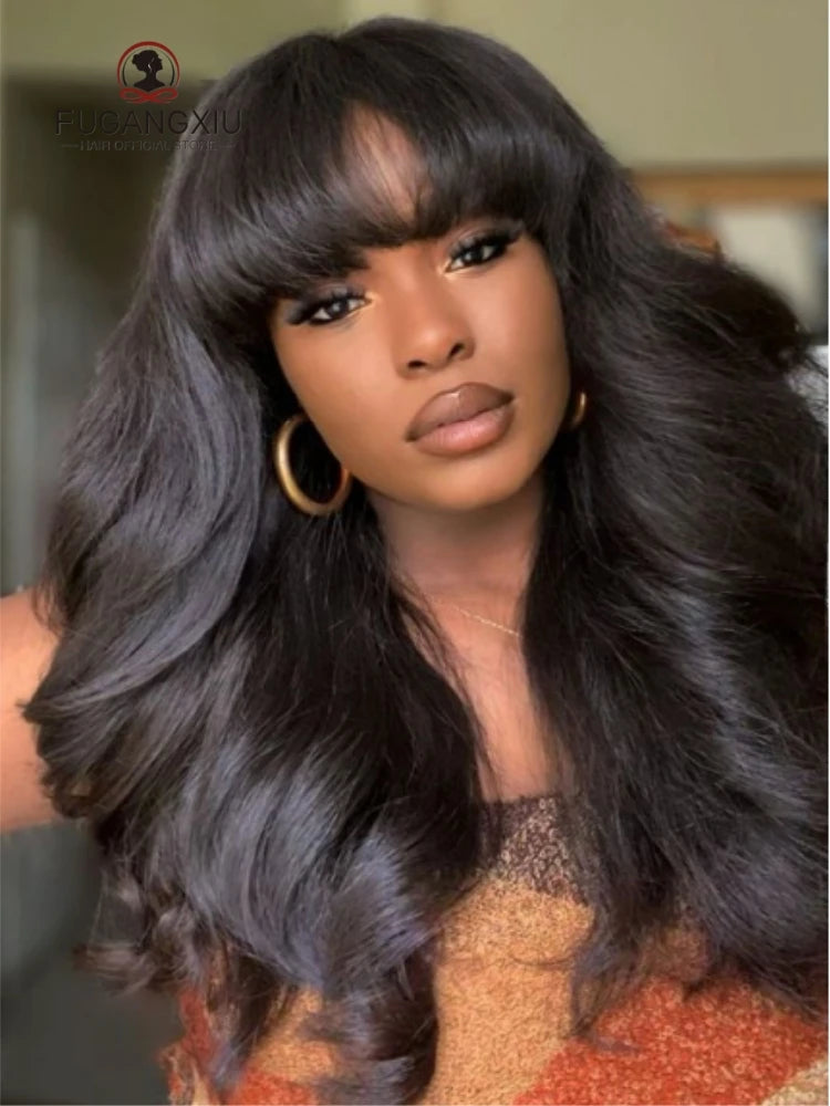 Brazilian 8-30 inches Body Wave Human Hair Wigs With Bang Virgin Hair 180% Density Full Machine Made Perruque For Black Women