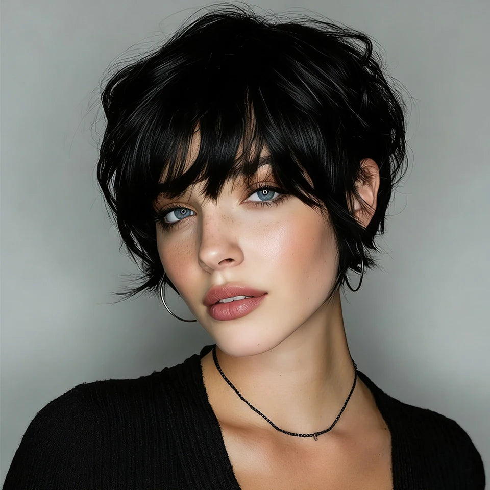 Women'S Brazilian Virgin Human Hair Wig Short Straight Pixie Cut Wigs with Layered Bangs Full Machine Made Rose Mesh Cap Wigs