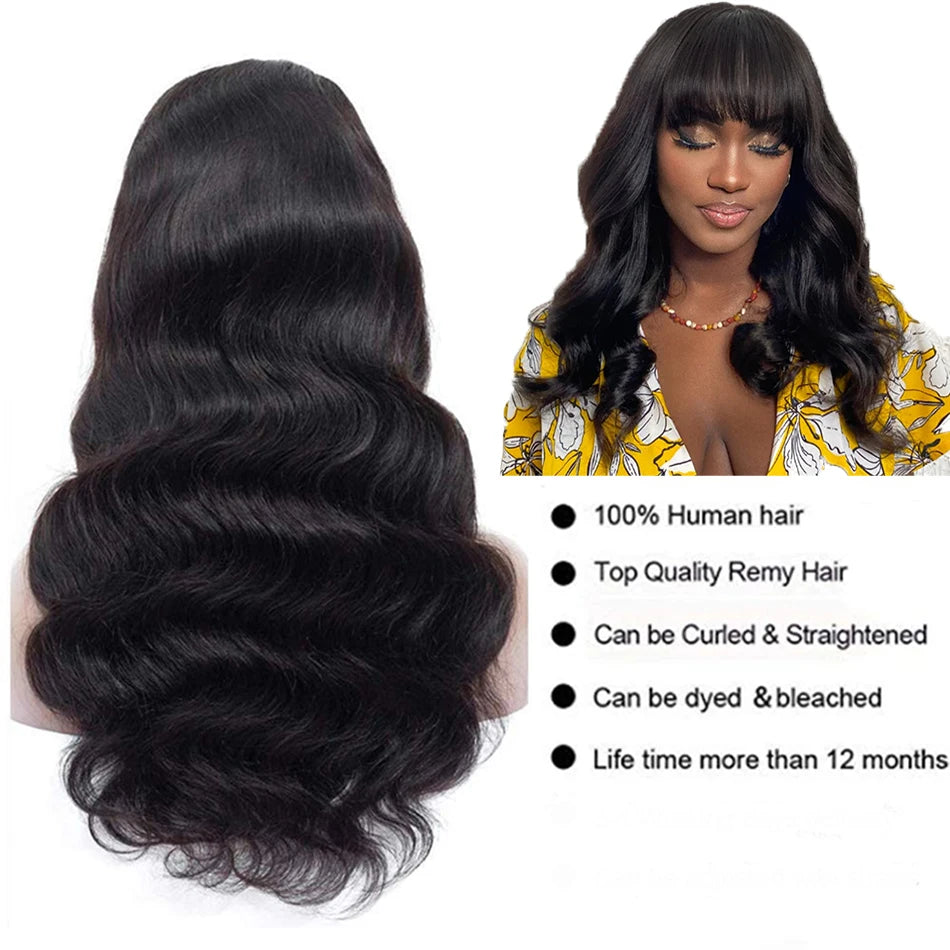 Brazilian 8-30 inches Body Wave Human Hair Wigs With Bang Virgin Hair 180% Density Full Machine Made Perruque For Black Women