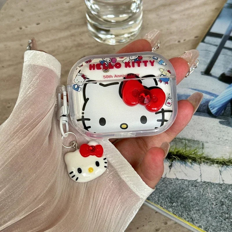 3D Cute Sanrio Hello Kitty Bowknot Earphone Case For Airpods 4 2 3 1 Pro 2 3 Wireless Bluetooth Headset Protective Hard Cover