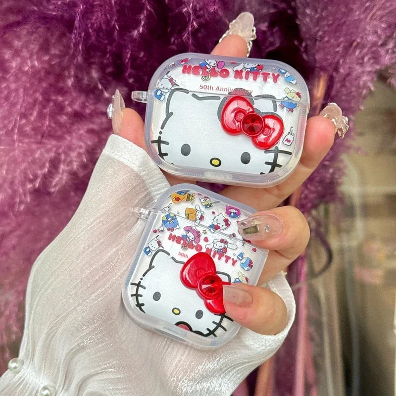 3D Cute Sanrio Hello Kitty Bowknot Earphone Case For Airpods 4 2 3 1 Pro 2 3 Wireless Bluetooth Headset Protective Hard Cover