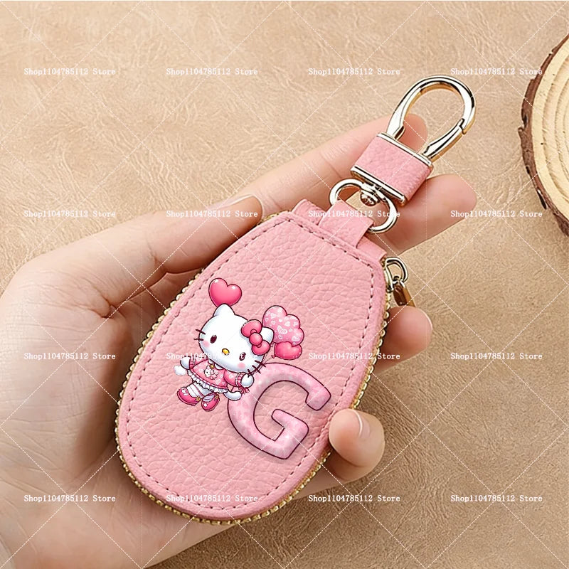 Hello Kitty PU Leather Key Case for Car Key Wallet Pocket Holder Organizer Pouch Kawaii Letter A-Z Large Capacity