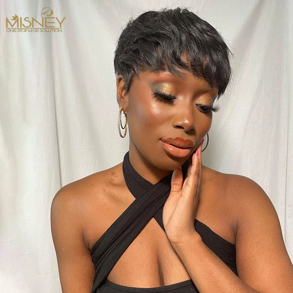 Short Human Hair Wigs Pixie Cut Straight perruque Brazilian Virgin for Black Women Machine Made Wigs With Bangs Cheap Glueless W