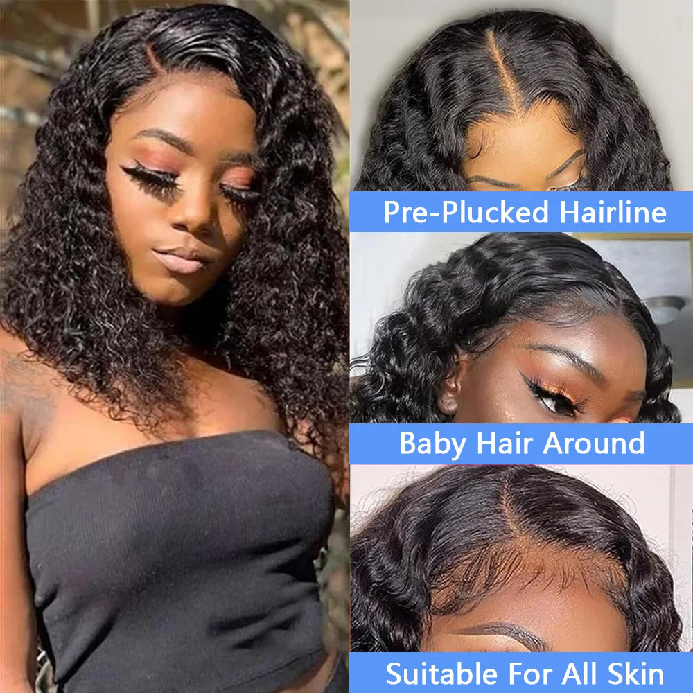 Short Bob Curly 13x4 Lace Front Human Hair Wigs Brazilian Virgin 100% Human Hair Deep Wave Bob Wigs 200% Density 4x4 Closure Wig