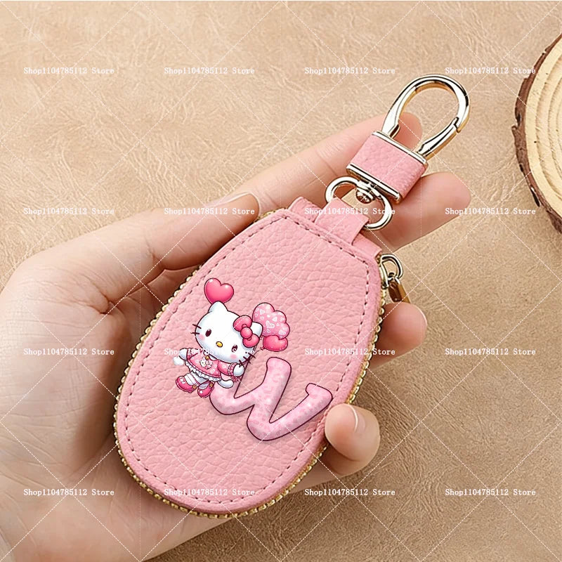 Hello Kitty PU Leather Key Case for Car Key Wallet Pocket Holder Organizer Pouch Kawaii Letter A-Z Large Capacity