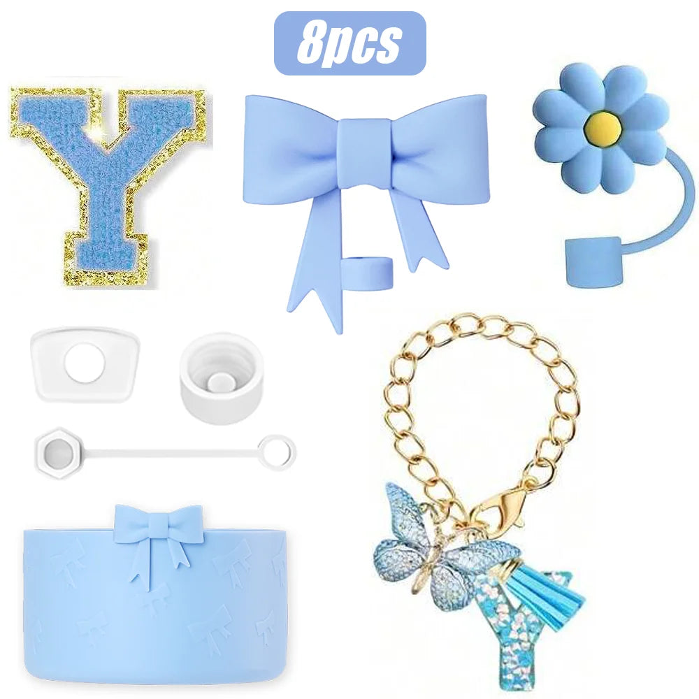 8PCS Cup Accessories Set for Stanley Cup 30oz 40oz, A-Z Initials Decorations, Including Silicone Straw