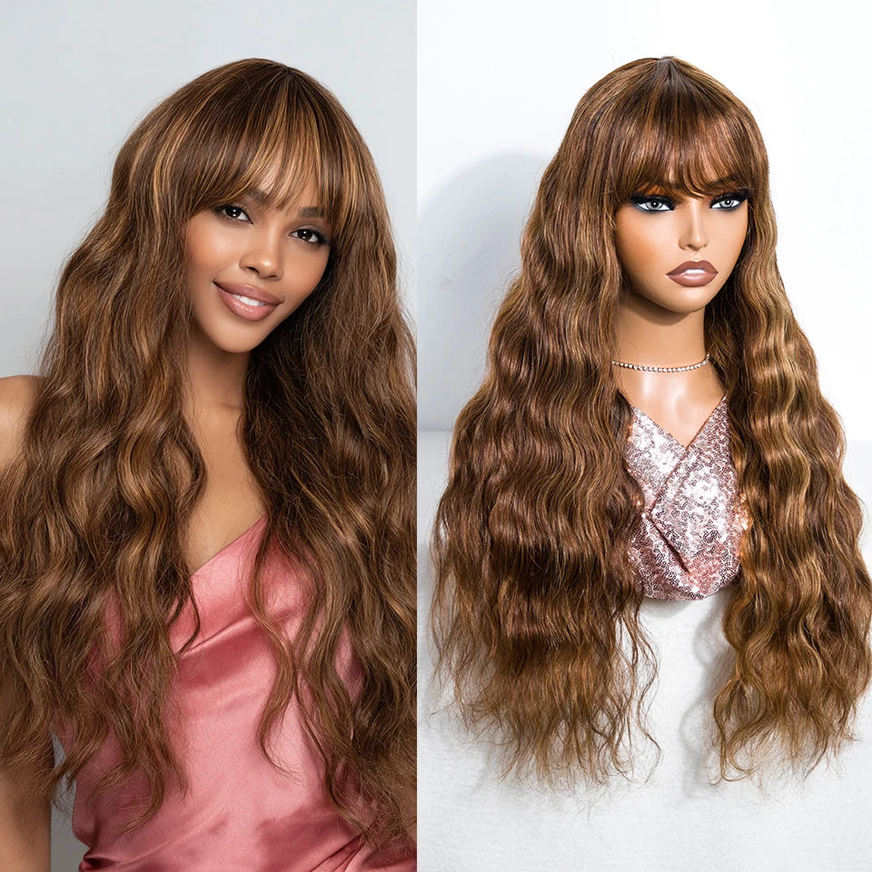Highlight Brown Body Wave Bangs Wig Human Hair Wigs 180% Density Brazilian Virgin Human Hair Glueless Wear And Go Body Wave Wigs