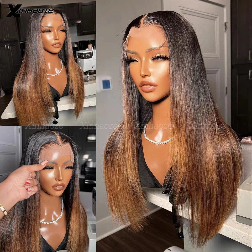 Brown Colored Brazilian Straight 13x4 Transparent Lace Frontal Wig Human Hair Ombre TB/30 5x5 Silk Top Wigs Virgin Guleless Hair