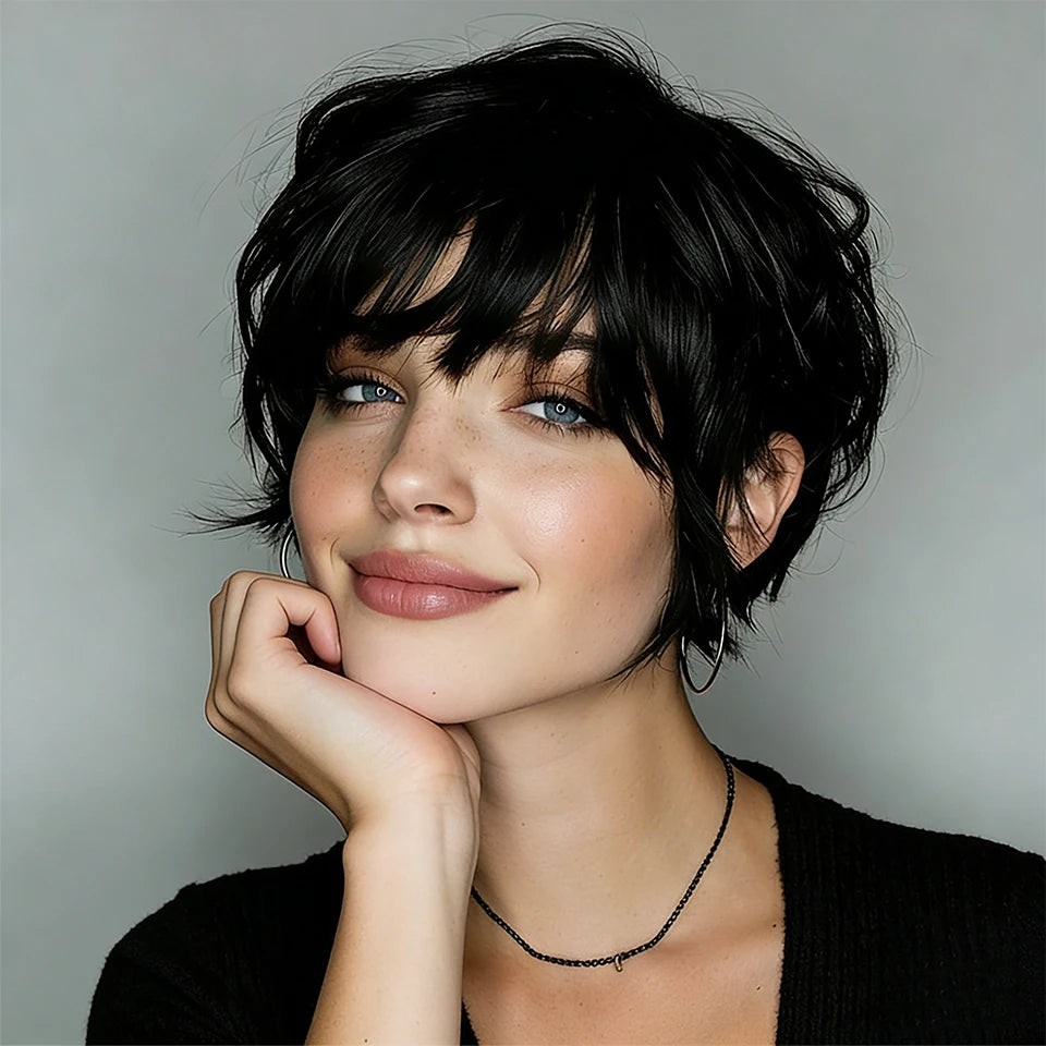 Women'S Brazilian Virgin Human Hair Wig Short Straight Pixie Cut Wigs with Layered Bangs Full Machine Made Rose Mesh Cap Wigs