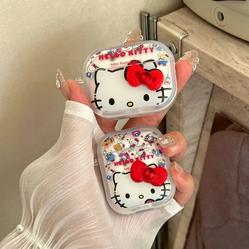 3D Cute Sanrio Hello Kitty Bowknot Earphone Case For Airpods 4 2 3 1 Pro 2 3 Wireless Bluetooth Headset Protective Hard Cover