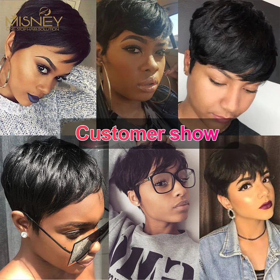 Short Human Hair Wigs Pixie Cut Straight perruque Brazilian Virgin for Black Women Machine Made Wigs With Bangs Cheap Glueless W