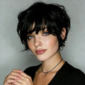 Women'S Brazilian Virgin Human Hair Wig Short Straight Pixie Cut Wigs with Layered Bangs Full Machine Made Rose Mesh Cap Wigs