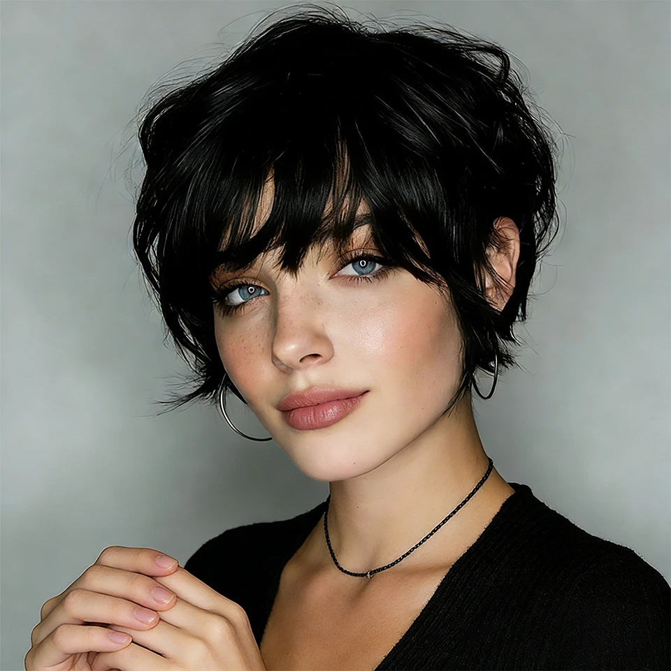 Women'S Brazilian Virgin Human Hair Wig Short Straight Pixie Cut Wigs with Layered Bangs Full Machine Made Rose Mesh Cap Wigs