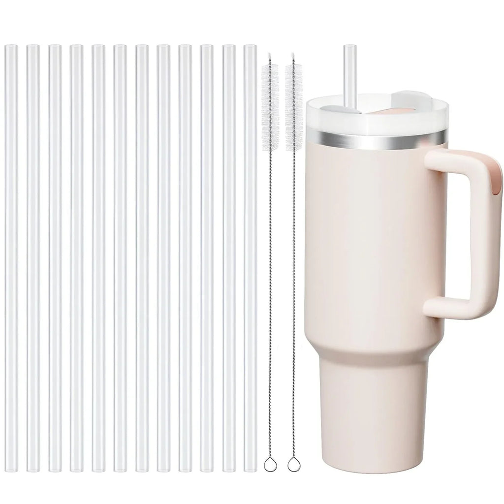 Replacement Straws for Stanley 40 oz Cup Tumbler, 12 Pack Clear Reusable Plastic Straws, 2 Straw Brushes