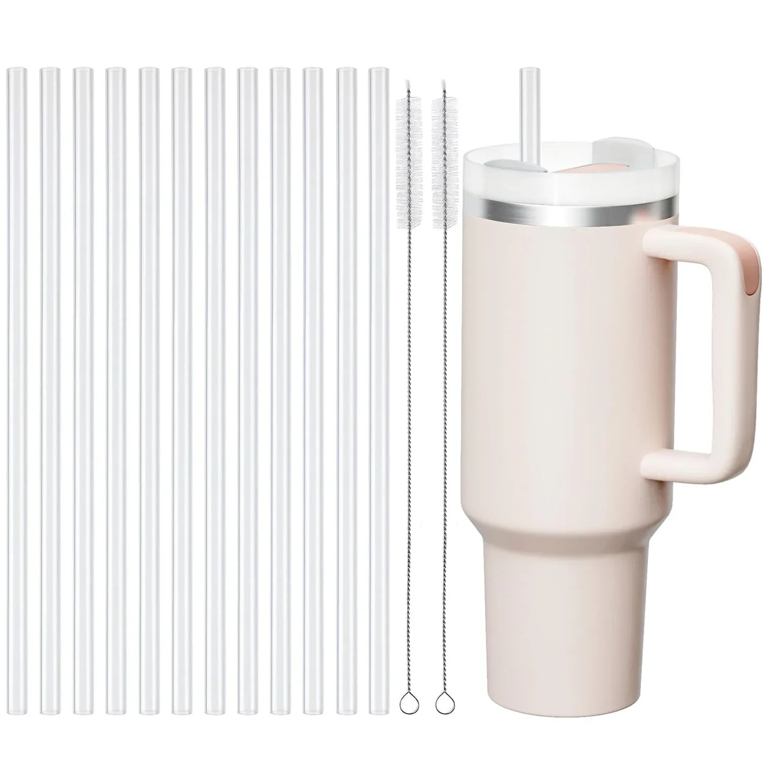 Replacement Straws for Stanley 40 oz Cup Tumbler, 12 Pack Clear Reusable Plastic Straws, 2 Straw Brushes