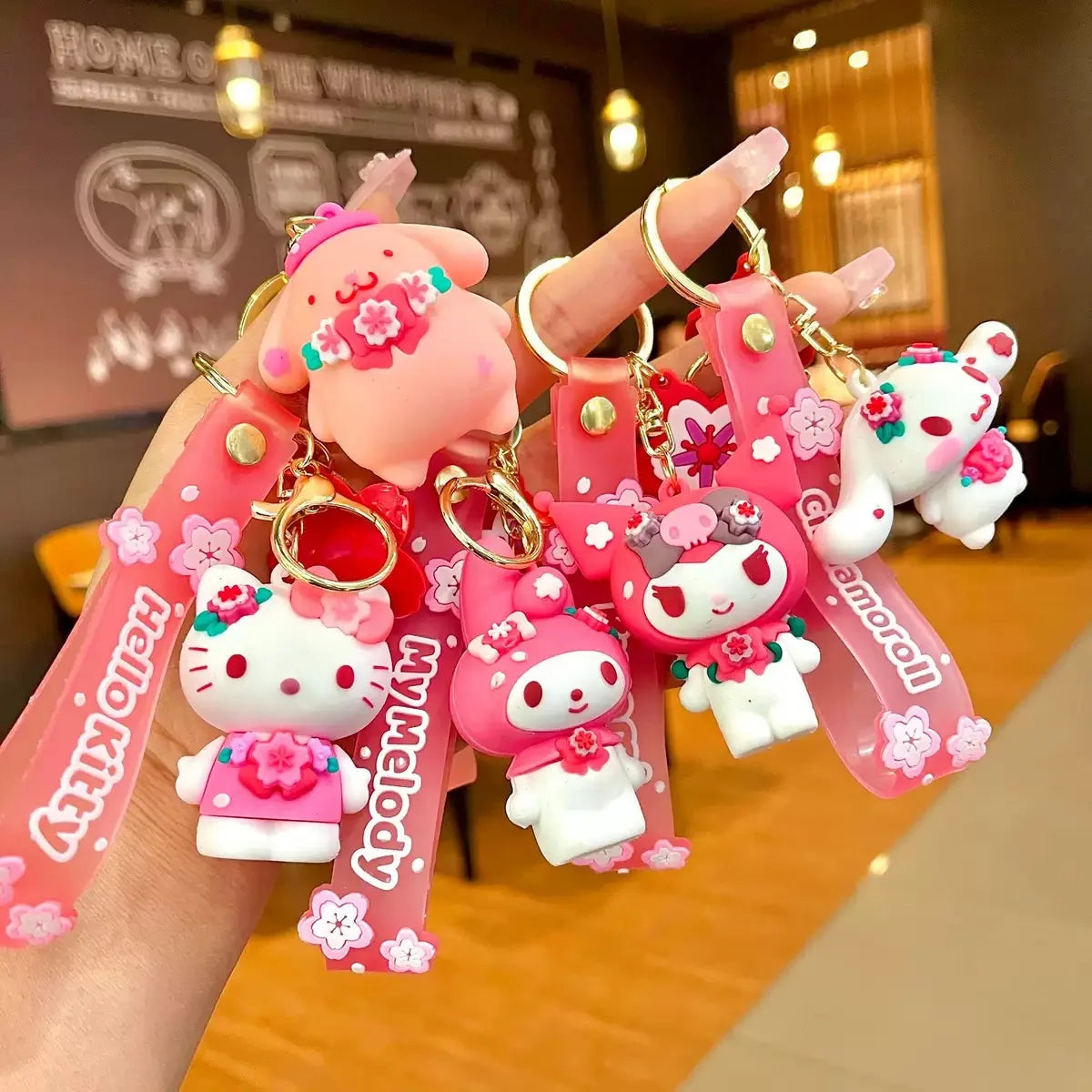 Sanrio Keychain Cinnamoroll Hello Kitty Keychains Kawaii Kuromi Melody Pendant Keyring Cute Girls Pompom Purin Key Chain Gifts