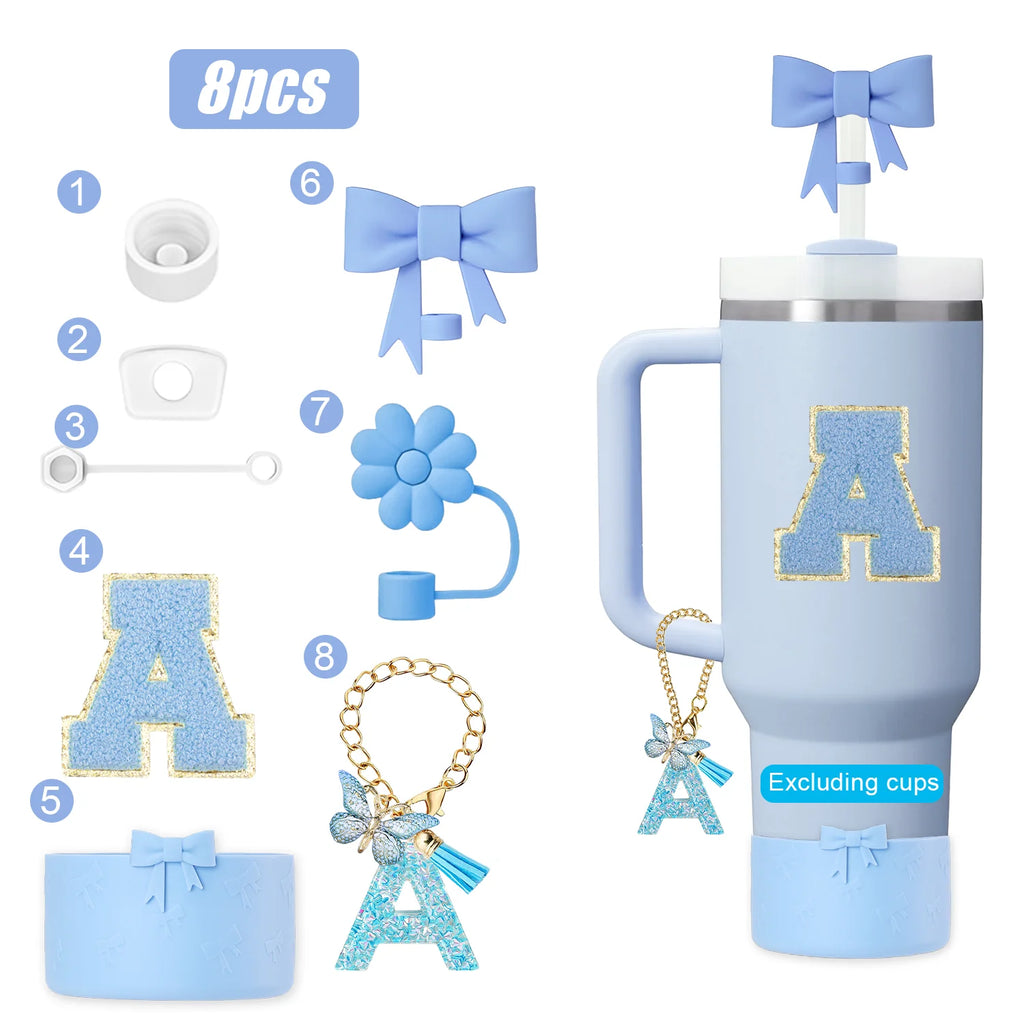 8PCS Cup Accessories Set for Stanley Cup 30oz 40oz, A-Z Initials Decorations, Including Silicone Straw