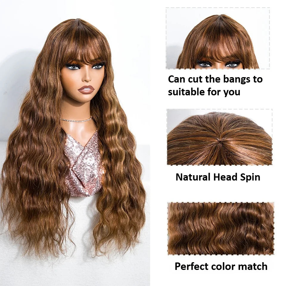 Highlight Brown Body Wave Bangs Wig Human Hair Wigs 180% Density Brazilian Virgin Human Hair Glueless Wear And Go Body Wave Wigs